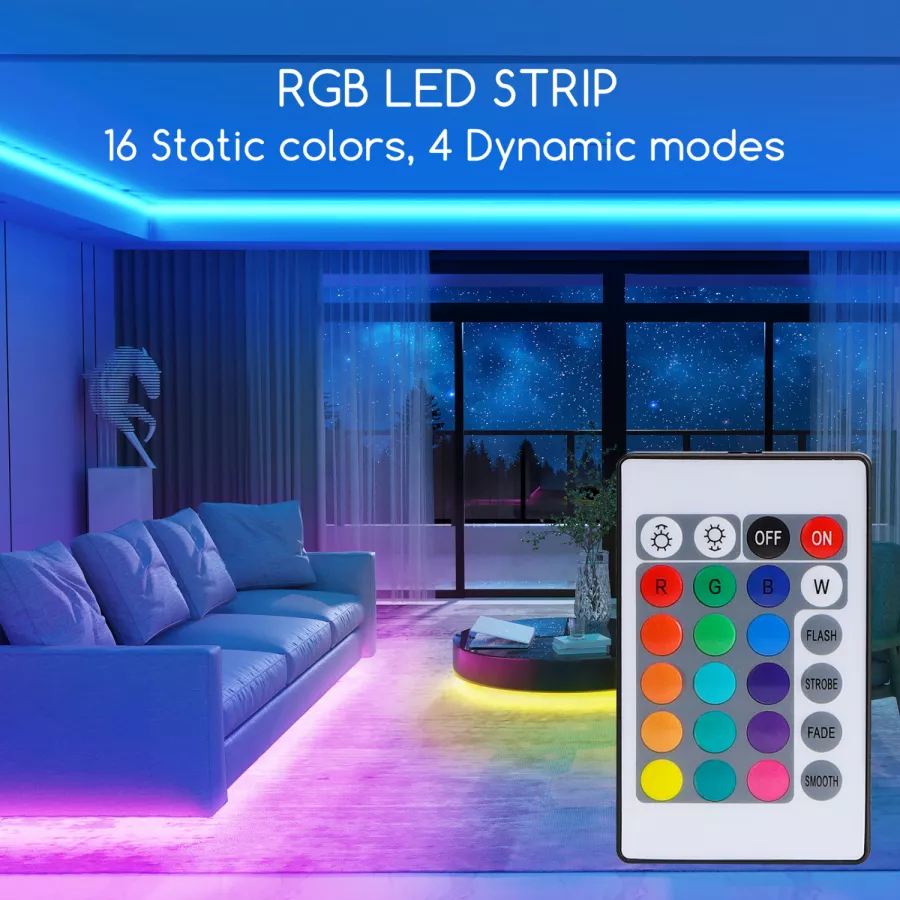 rGB 5050 RGB LED Strip Lights, 16 Colours and 4 scene modes, remote control included