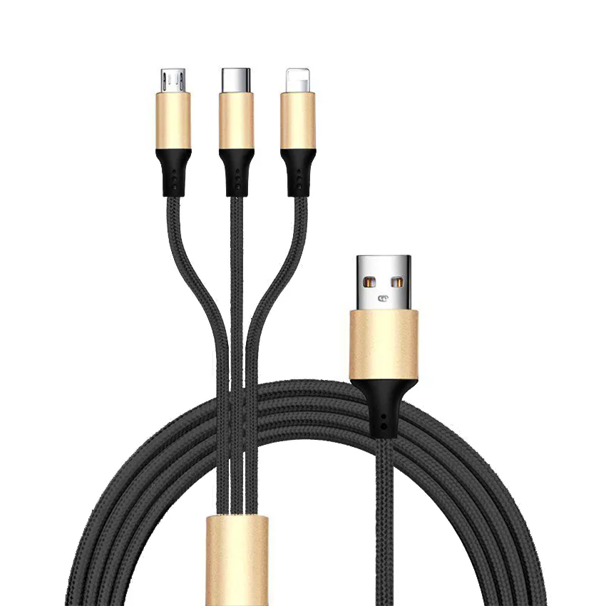 cable de carga 3 en 1 (micro-USB (macho), Lightning (macho), Tipo C (macho) 2A, 1.2m, negro