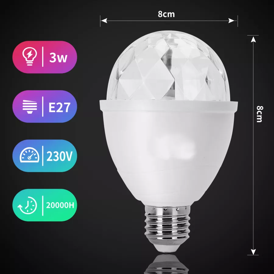 pack 2 und - 360? rotating LED bulb, E27, 3W, RGB, strobe light, disco ball effect.