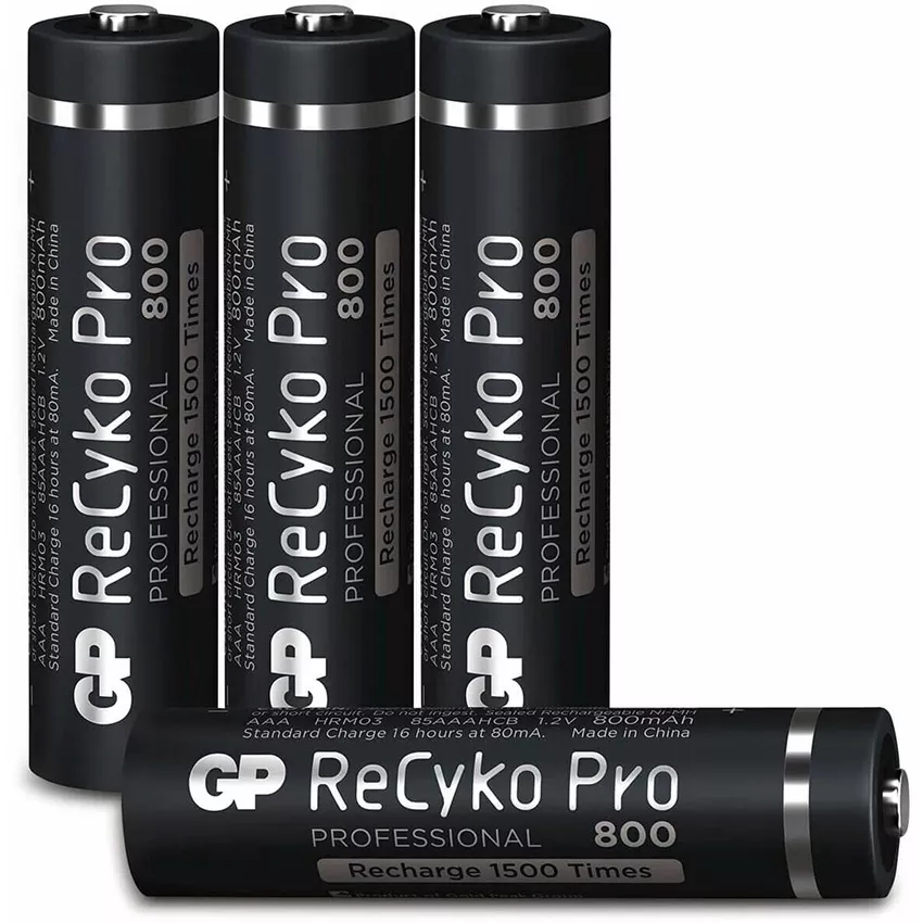 4 AAA-size Recyko+ batteries are factory-charged. 